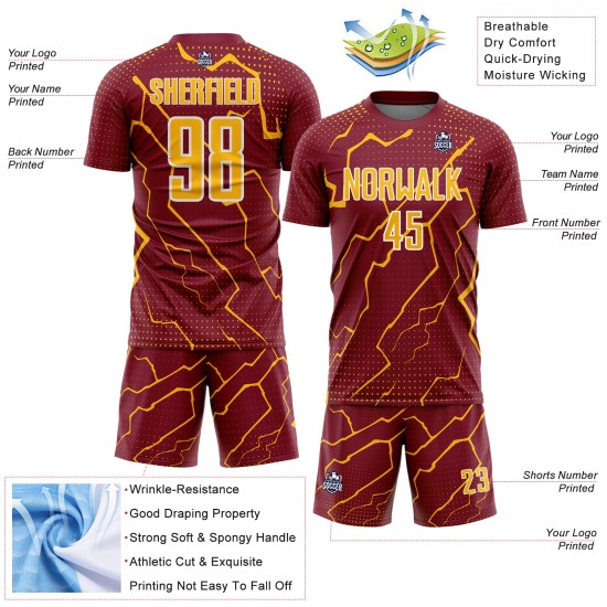 Gold-White Custom Sports Soccer Uniform Crimson Jersey Sublimation Lightning Gold-White Custom Sports Soccer Uniform Crimson Jersey Sublimation Lightning